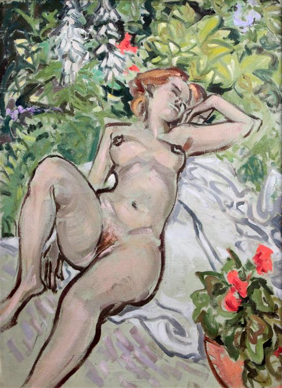 Gerald Meares (1911-1982) Nude sunbather in a garden 67 x 49cm.